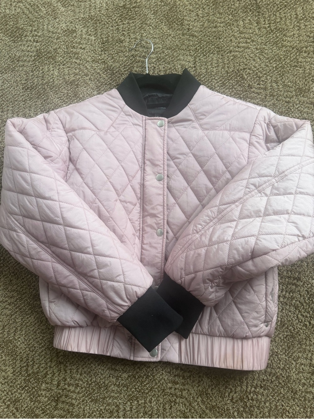 Velvet Heart Quilted Puffer Bomber Jacket - Light Pink with Black Trim